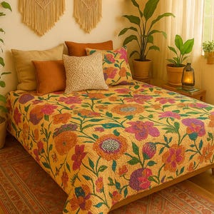 Handmade Floral Kantha Quilt, Reversible Indian Cotton Bedspread, Boho Throw Blanket