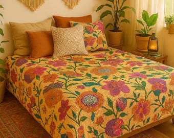 Handmade Floral Kantha Quilt, Reversible Indian Cotton Bedspread, Boho Throw Blanket