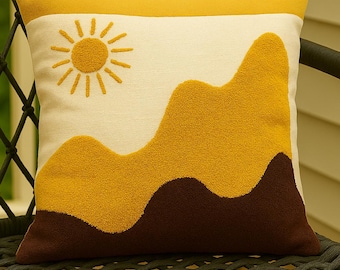 Boho Tufted Pillow Cover | Sun & Mountain Embroidered Cushion (16x16")