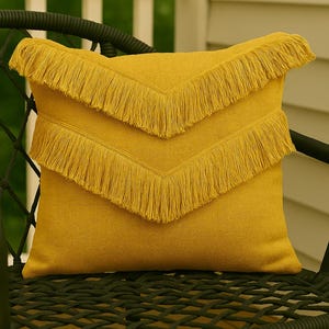 Mustard Yellow Fringe Cushion Cover 20x20 Bohemian Throw Pillow for Sofa, Indoor Outdoor Decorative Pillow Cover, Designer Home Décor&quot;