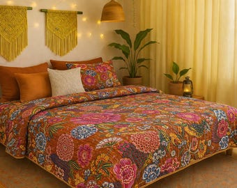 Handmade Rust Brown Floral Kantha Quilt - Indian Cotton Bedspread, Boho Decor .