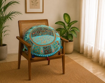 Handmade Turquoise Patchwork Pouf Cover, Indian Embroidered Boho Floor Cushion