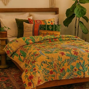 Handmade Cotton Kantha Quilt 90x60 – Frida Print Throw Blanket – Boho Bedding Decor