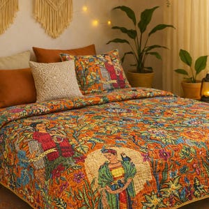Orange Artist Print Kantha Quilt, Handmade Reversible Indian Cotton Quilt, Boho Throw Blanket, Bohemian Bedspread, Lightweight Bedding .