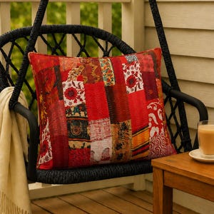 Handmade Red Kantha Patchwork Cotton Pillow Cover, Boho Decorative Cushion (16x16 Inch)