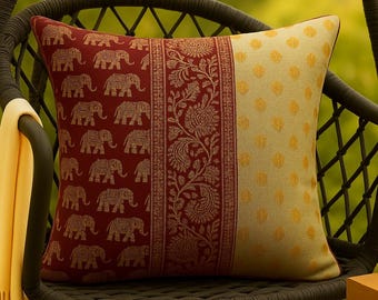 Elephant Brocade Pillow Cover 16x16 | Indian Jacquard Cushion Cover | Boho Ethnic Throw Pillow .