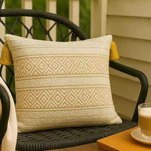 Boho Geometric Cushion Cover with Tassels Handwoven Cotton Pillow Cover for Sofa, Patio, or Living Room Decor  16X24 Beige & Mustard Lumba .