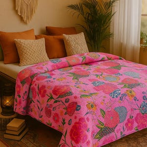Handmade Pink Kantha Quilt Floral Cotton Bedspread – Reversible Bohemian Throw Blanket – Vintage Indian Bedding . image 2