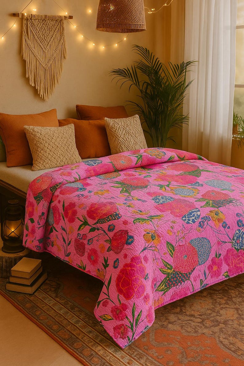 Handmade Pink Kantha Quilt Floral Cotton Bedspread – Reversible Bohemian Throw Blanket – Vintage Indian Bedding . image 2