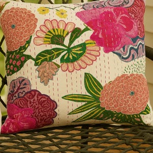 Handmade Kantha Cotton Cushion Cover Multicolor  Floral Embroidered Throw Pillow | 16x16 Boho Decorative Pillowcase for Sofa or Patio&quot;