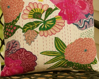 Kantha Cotton Pillow Cover 16x16, Floral Embroidered Cushion, Boho Throw Pillow, Handmade Home Decor .