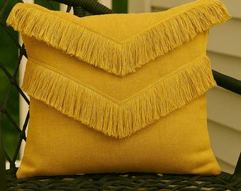 Mustard Yellow Boho Fringe Pillow Cover, 20x20 Inch Cotton Throw Pillow
