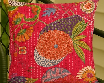 Handmade Kantha Cushion Cover Bright Floral Embroidered Throw Pillow, Boho Indian Decorative Pillowcase, 16x16”.