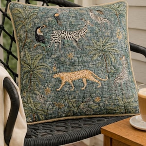 Könnte beinhalten: Quadratisches Kissen mit teal-farbenem Hintergrund, das eine gestickte Dschungelszene zeigt. Das Design umfasst Zebras, einen Leoparden, Tukane und Palmen. Das Kissen hat einen beigen Rand und liegt auf einem schwarzen Stuhl.