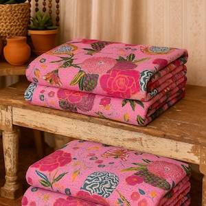 Handmade Pink Kantha Quilt Floral Cotton Bedspread – Reversible Bohemian Throw Blanket – Vintage Indian Bedding . image 3
