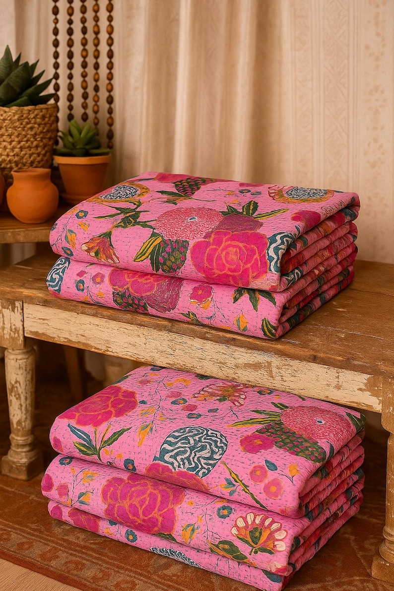 Handmade Pink Kantha Quilt Floral Cotton Bedspread – Reversible Bohemian Throw Blanket – Vintage Indian Bedding . image 3