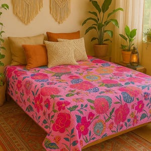 Handmade Pink Kantha Quilt Floral Cotton Bedspread – Reversible Bohemian Throw Blanket – Vintage Indian Bedding . image 1