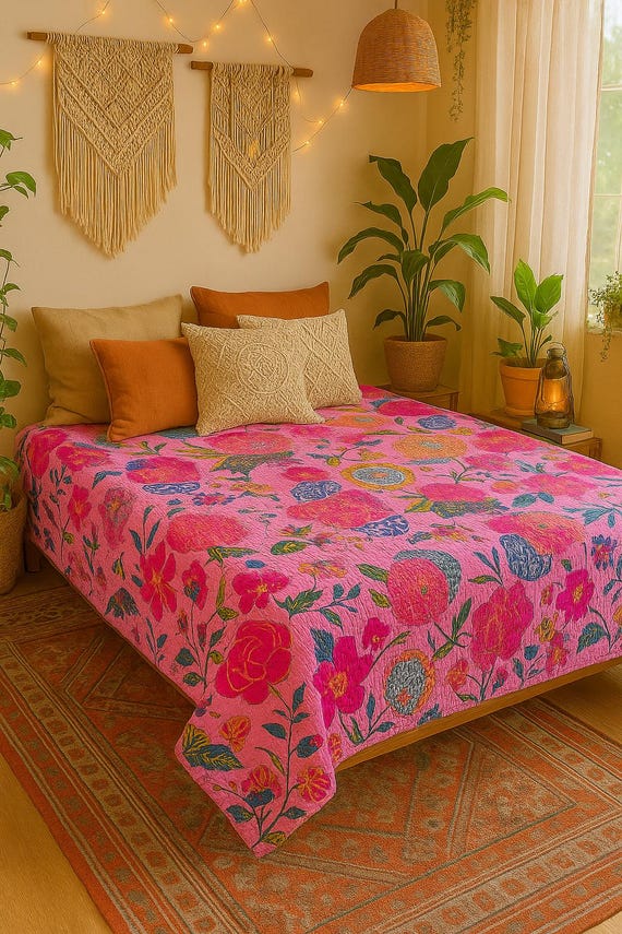 Handmade Pink Kantha Quilt Floral Cotton Bedspread – Reversible Bohemian Throw Blanket – Vintage Indian Bedding .