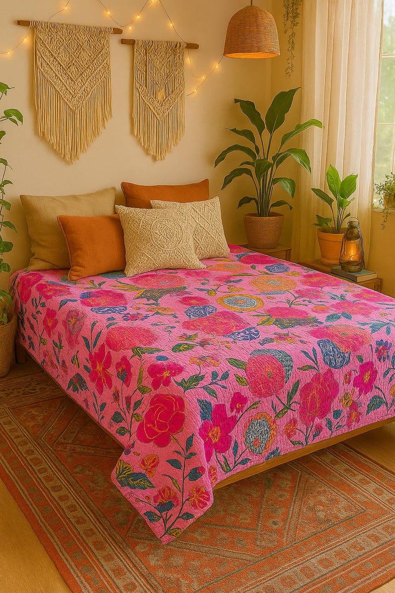 Handmade Pink Kantha Quilt Floral Cotton Bedspread – Reversible Bohemian Throw Blanket – Vintage Indian Bedding . image 1