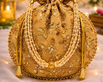 Gold Embroidered Potli Bag | Pearl Handle Bridal Clutch | Indian Wedding Purse | Handmade Drawstring Handbag .