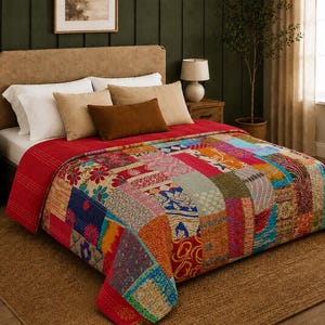 Könnte beinhalten: Eine Patchwork-Steppdecke mit einer lebendigen Mischung aus Farben und Mustern, darunter Blumen- und geometrische Designs. Die Steppdecke liegt auf einem Bett mit weißen Kissen und einer roten Tagesdecke. Der Raum hat eine warme, einladende Atmosphäre.