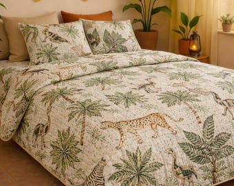 Jungle Animal Kantha Quilt, Handmade Indian Cotton Bedspread, Boho Safari Throw Blanket, Reversible Bedding.