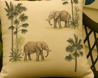Tropical Elephant Linen Cushion Cover, Boho Safari Throw Pillow, Jungle Botanical Design 16X16 inch  .