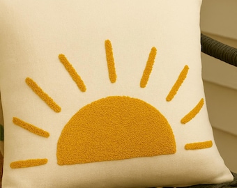 Sunrise Tufted Cushion Cover 16x16, Cotton Boho Pillow, Decorative Throw Pillow, Modern Home Decor .