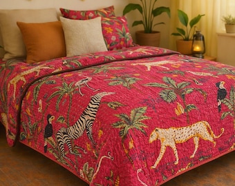 Handmade Pink Jungle Kantha Quilt, Reversible Indian Cotton Bedspread, Boho Floral Throw Blanket, Vintage Bedding Decor .