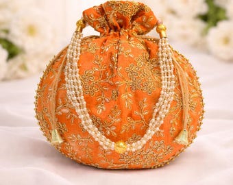 Potli brodé orange avec poignée en nacre, pochette pour mariage nuptiale