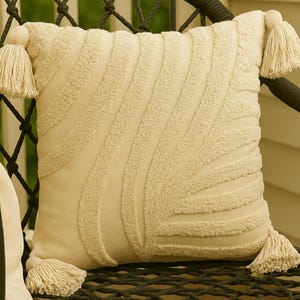 Handmade Cotton Tufted Cushion Cover with Tassels 16x16 Beige Decorative Pillow for Sofa Chair & Patio Boho Textured Throw Pillow .