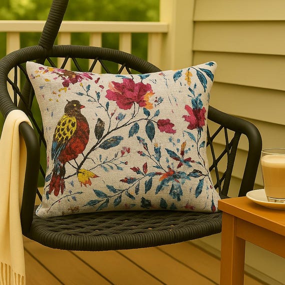 Kissenbezug mit Blumenmuster und Vogelmotiv, botanisches Baumwollkissen, Boho-Dekokissen