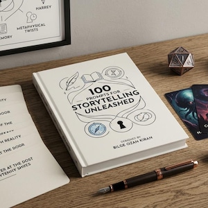 Könnte beinhalten: Ein weißes Buch mit dem Titel 100 Prompts for Storytelling Unleashed von Bilge Ozan Kiran, begleitet von einem Stapel weißer Karten mit schwarzem Text, einem schwarzen Füllfederhalter, einer violetten Sanduhr, zwei metallischen Würfeln und vier illustrierten Karten.