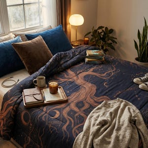 Puede incluir: Una cama con un edredón azul marino con un diseño de árbol en tonos cobrizos, rodeada de almohadas en tonos azules y marrones. Una bandeja de madera contiene un cuaderno, un bolígrafo y una taza de café. Un suéter gris y zapatillas de deporte están en la cama.