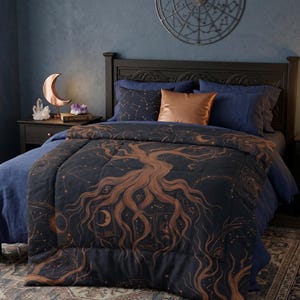 May include: A bed with a dark wooden headboard and a comforter featuring a copper-colored tree design on a black background. The bed has blue sheets and pillows with constellation patterns. A copper-colored crescent moon lamp and crystals sit on the nightstand.