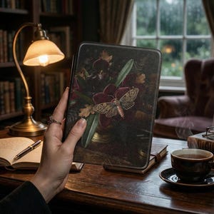 Custodia per e-reader Dark Botanical / Cover Kindle in similpelle effetto falena vittoriana