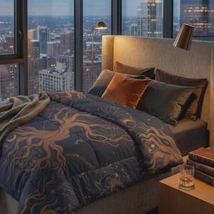 May include: A bed with a dark blue comforter featuring a copper-colored celestial design. The bed is made up with several pillows in shades of brown and orange. A brown throw blanket is draped over the foot of the bed. The room has a city view.