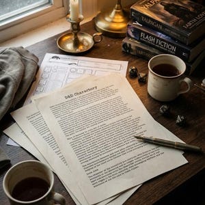 May include: A cozy tabletop scene featuring a stack of books, a candle in a brass holder, and a mug of tea. Papers with text, dice, and a pen suggest a role-playing game. Books include "Yalpagin" and "Flash Fiction."