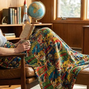 The Galactic Archive - Retro Futurism Throw | Heavyweight Velveteen Plush | Mid-Century Sci-Fi Decor | Writer's Nook Gift