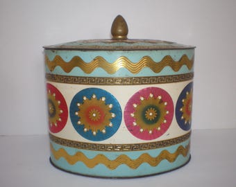 Vtg SLK Embossed TIN Oval Multicolored Sunburst Style Pattern W/ Lid MCM 1961