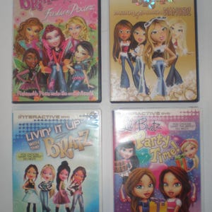 May include: Four Bratz DVD cases featuring animated characters. Titles include Fashion Pixiez, Passion 4 Fashion Diamondz, Livin' It Up With The Bratz, and Lil Bratz Party Time. The covers display colorful graphics, character illustrations, and text.