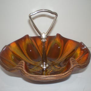 Vtg Sequoia Ware California Pottery USA #610 Drip Glaze CANDY DISH/Nut Bowl ~Orange Brown Handled ~ 1960's