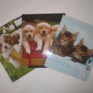 May include: Three rectangular paper folders featuring animal photography. One folder shows two Cavalier King Charles Spaniel puppies, another displays three Golden Retriever puppies in a red wagon, and the third depicts two kittens on a blue blanket.