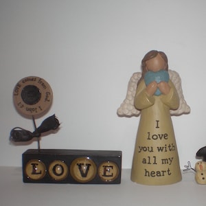 Blossom Bucket B. Lloyd Figurines: Button-Love Comes from God, Angel-Love you with all my Heart, Penguin-True Friend, Coldest Days