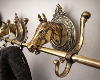 Vintage Brass Horse Coat Rack, Mid-Century Equestrian Decor Wall Mounted