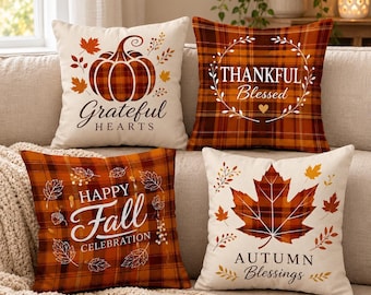 Juego de 4 fundas de cojín con estampado de calabazas a cuadros otoñales: fundas de cojín con hojas de arce, 45 x 45 cm, fundas de almohada decorativas de poliéster, decoración otoñal para sofá.