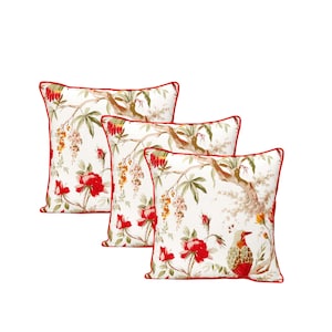 Floral Bird Pillow Cover Set of 3: Vintage Botanical Cotton 16x16