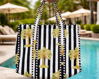 Bolso de mano acolchado con estampado de bloques: bolso de viaje indio hecho a mano