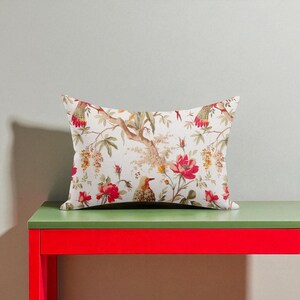 Red Floral Bird Print Pillow Covers, 24x16 Cotton Lumbar Pillows, Set of 2
