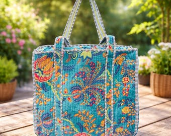 Bolso tote de terciopelo acolchado hecho a mano: bolso de hombro con estampado de bloques bohemio